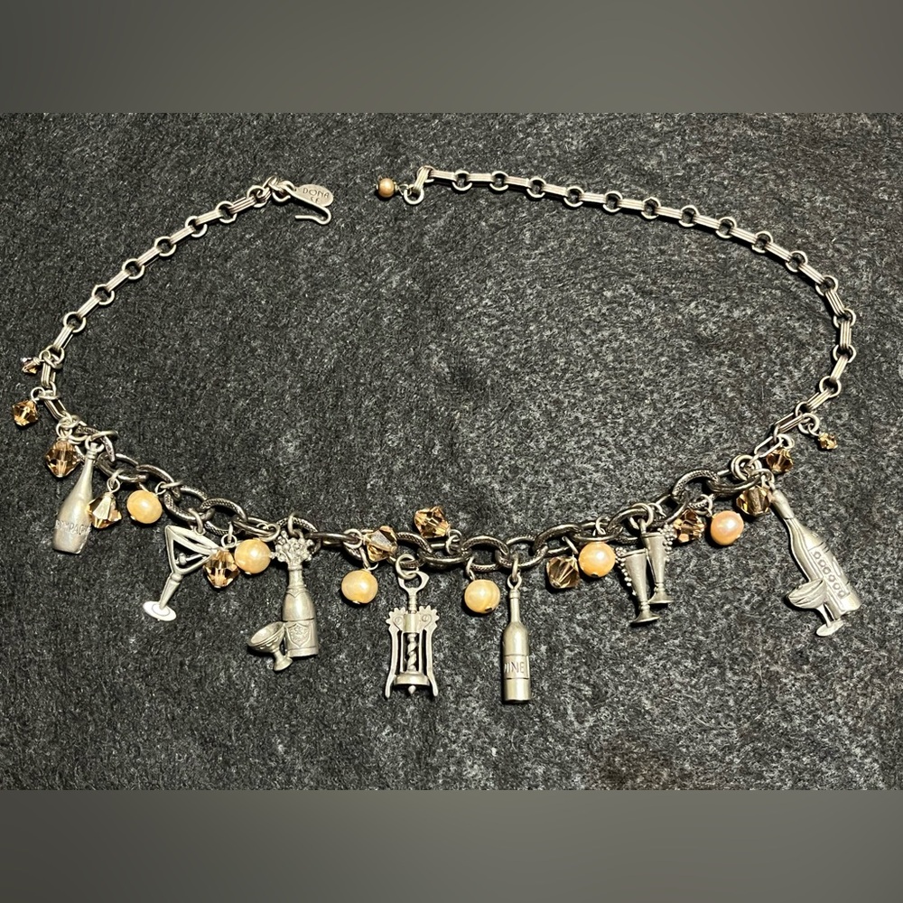 Vintage charm necklace Designer Dona SF champagne cocktails new years beads